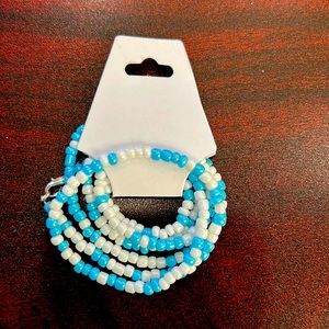 34 1/2in light blue and white seed beaded belly chain